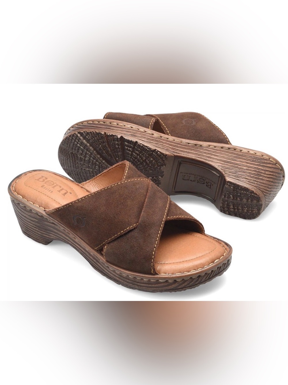 Born Teayo Chocolate Brown Distressed Suede Crisscross Slide Sandals size 6